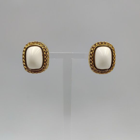 Vintage Givenchy Gold Tone White Lucite Cabochon Rectangular Clip On Earrings - Picture 6 of 16